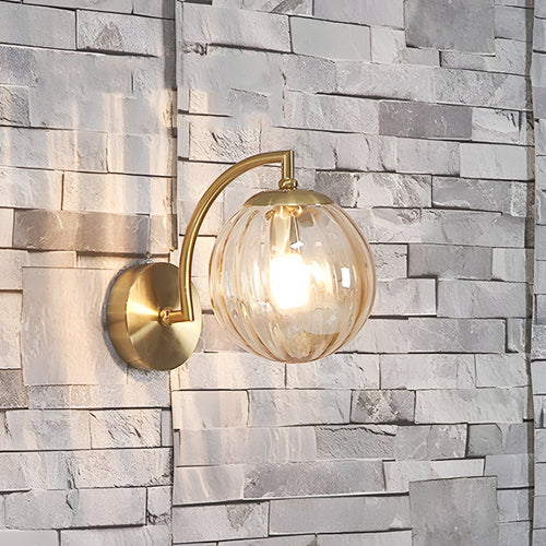 1-Light Curved Arm Wall Lamp with Spherical Ribbed Glass Shade