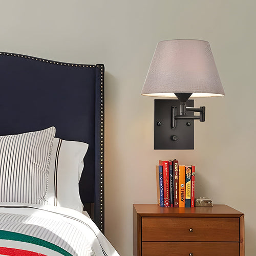 1-Light Plug-In Swing Arm Wall Lamp with Linen Shade