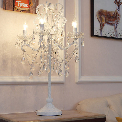 Rustic Candelabra Night Light - 4-Light Metal Table Lamp with K9 Crystals in White