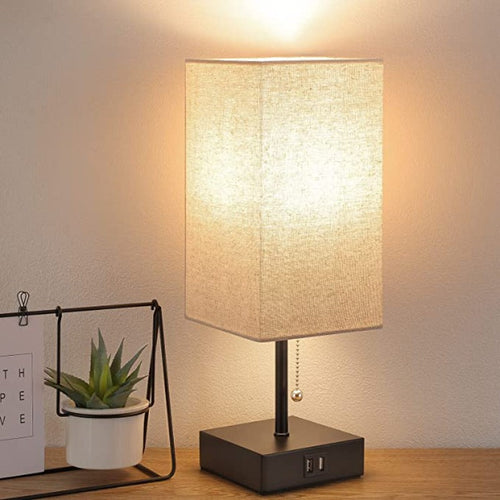 USB Table Lamp - With 2 USB Charging Ports, 2700K LED, Linen Shade