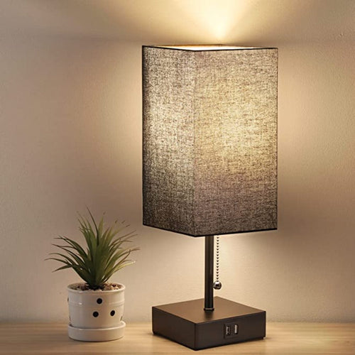 USB Table Lamp - With 2 USB Charging Ports, 2700K LED, Linen Shade