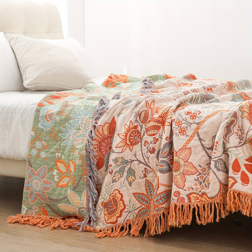 1pc Cotton Embroidered Tassel Blanket – Bohemian Style Floral Pattern Nap Cover Quilt Sofa Throw