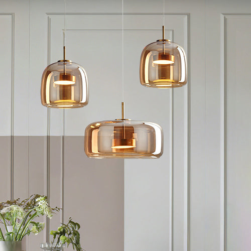 AmberGlow – Retro LED Pendant Lights in Gold Metal and Glass