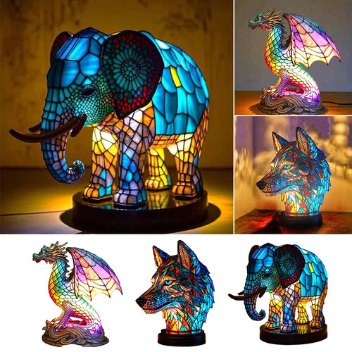 TiffanyGlow - Colorful Animal Head Night Light – Handmade Tiffany Glass-Style Lamp