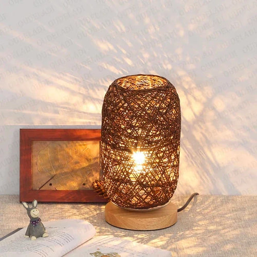 RusticGlow – Wooden Table Lamp with Rope Design, Handmade LED Decorative Lamp