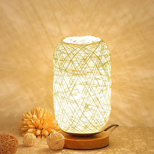 RusticGlow – Wooden Table Lamp with Rope Design, Handmade LED Decorative Lamp