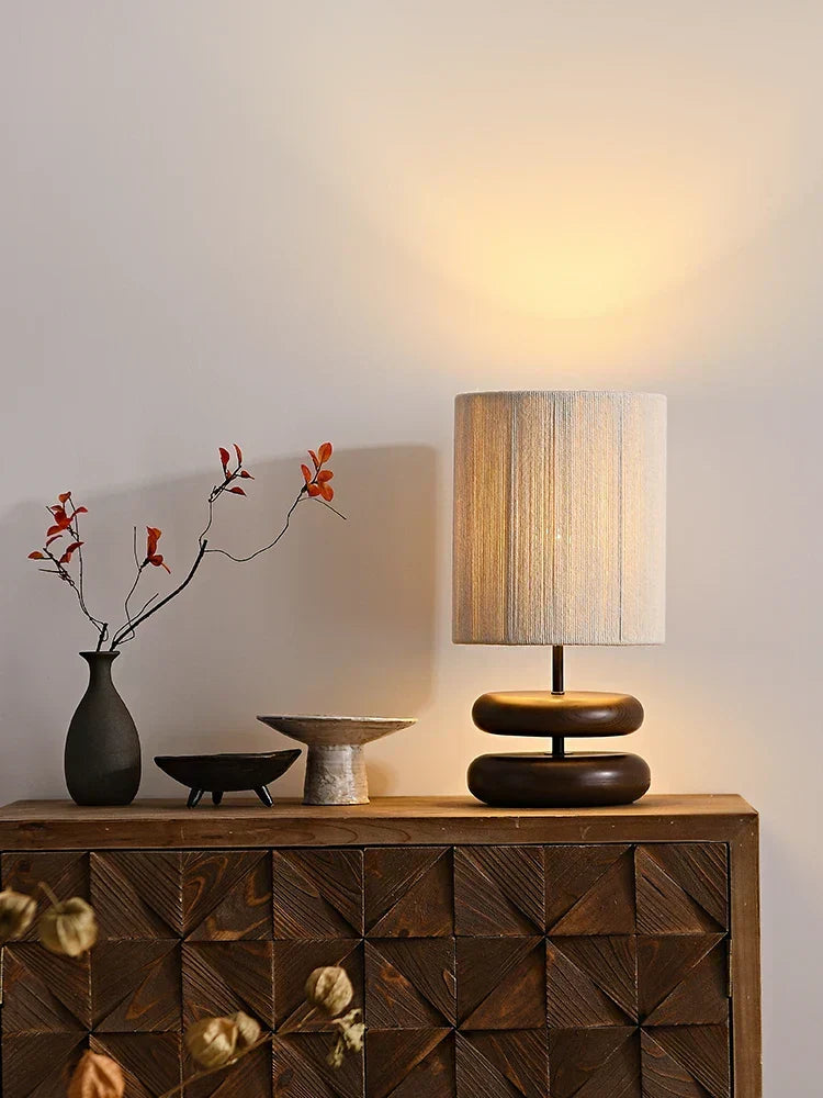 RusticGlow - Walnut Wood Table Lamp with Linen Shade – Natural Lighting for Living Room and Bedroom
