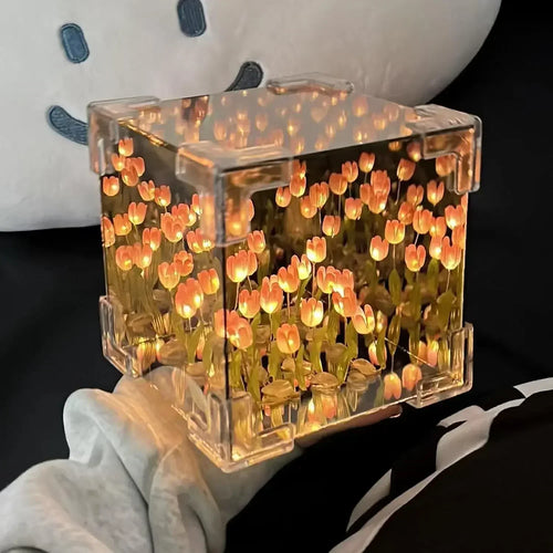 MirrorBloom - DIY Mirror Cube Lamp with Tulip Design