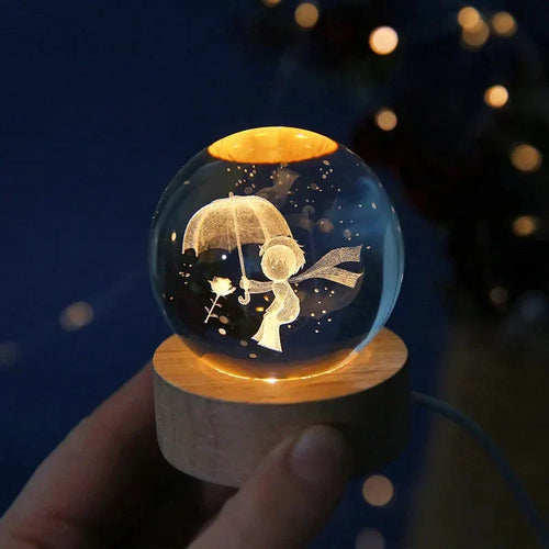 LumiCrystal - 3D LED Night Light with Star Projection and Wooden Base