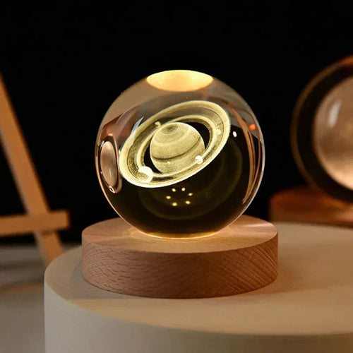 LumiCrystal - 3D LED Night Light with Star Projection and Wooden Base