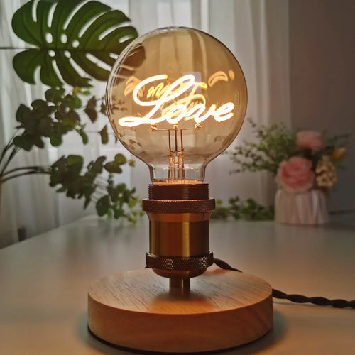 RetroLED – Vintage Table Lamp with Wooden Base and LED Lamp with Inscription