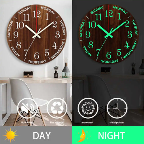 GlowClock – Silent Wooden Wall Clock with Night Light