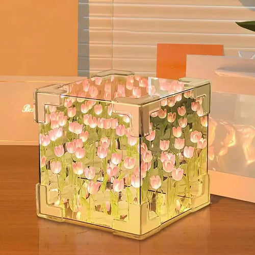 MirrorBloom - DIY Mirror Cube Lamp with Tulip Design
