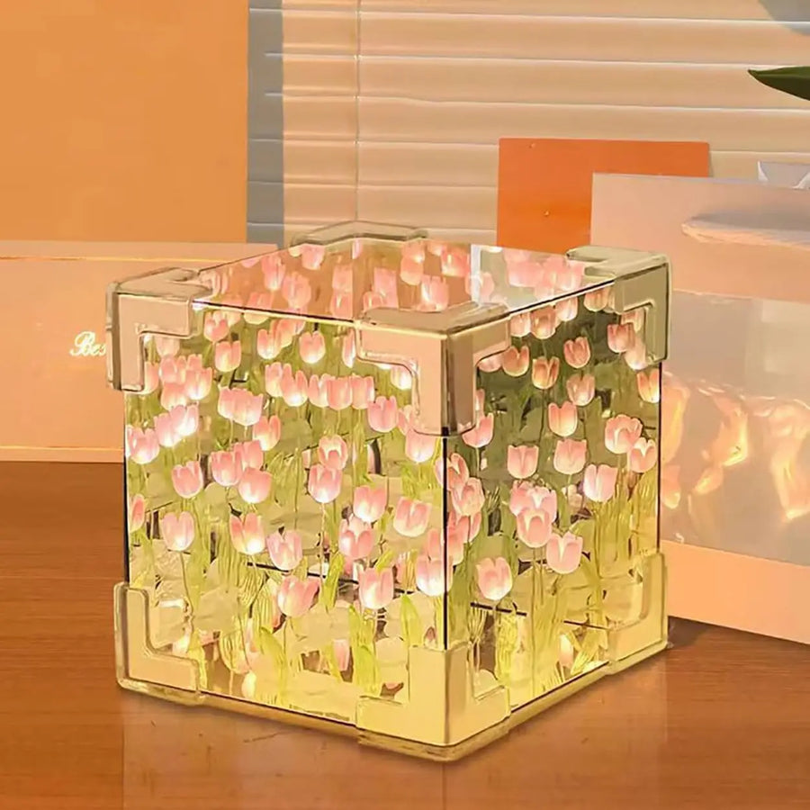 MirrorBloom - DIY Mirror Cube Lamp with Tulip Design