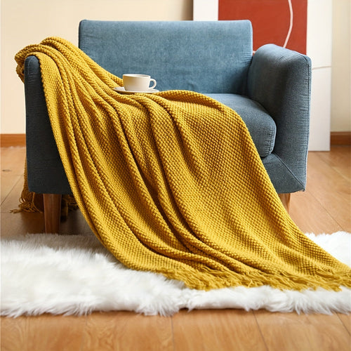 Knitted Throw Blanket with Tassels – Lightweight Bubble Texture Blanket for Sofa, Bed & Home Decor