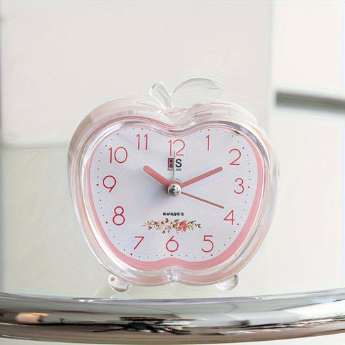 Crystal Apple Design Alarm Clock with Built-In Night Light – Silent, Battery-Powered, Round Modern Design