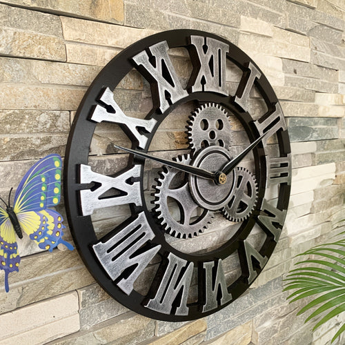 Oversized Silver Roman Gear Wall Clock – Silent Clock for Living Room, Office & Kitchen