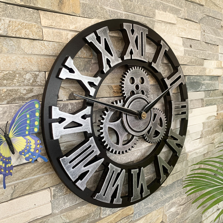 Oversized Silver Roman Gear Wall Clock – Silent Clock for Living Room, Office & Kitchen