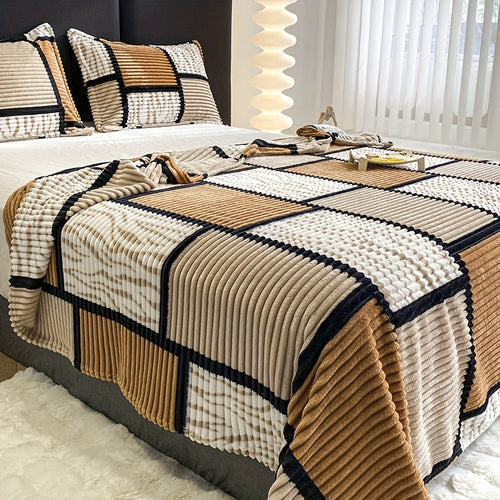 1pc Plaid Flannel Blanket with Print – Multi-Purpose Throw, Air Conditioning Blanket, Sofa, Sleep & Travel Blanket, Four Seasons, Christmas Gift