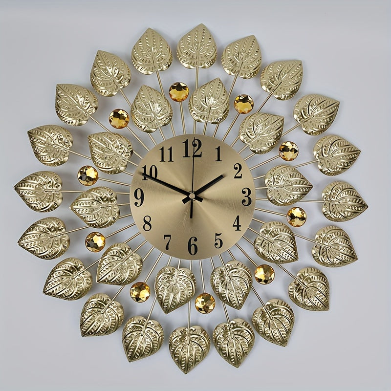 Modern Silent Wall Clock with Golden Leaf Design – Metal, Round, Non-Ticking for Living Room & Dining Room