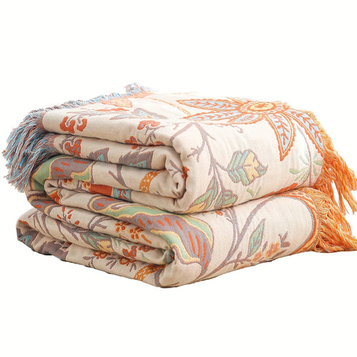 1pc Cotton Embroidered Tassel Blanket – Bohemian Style Floral Pattern Nap Cover Quilt Sofa Throw