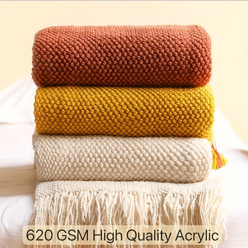 Knitted Throw Blanket with Tassels – Lightweight Bubble Texture Blanket for Sofa, Bed & Home Decor