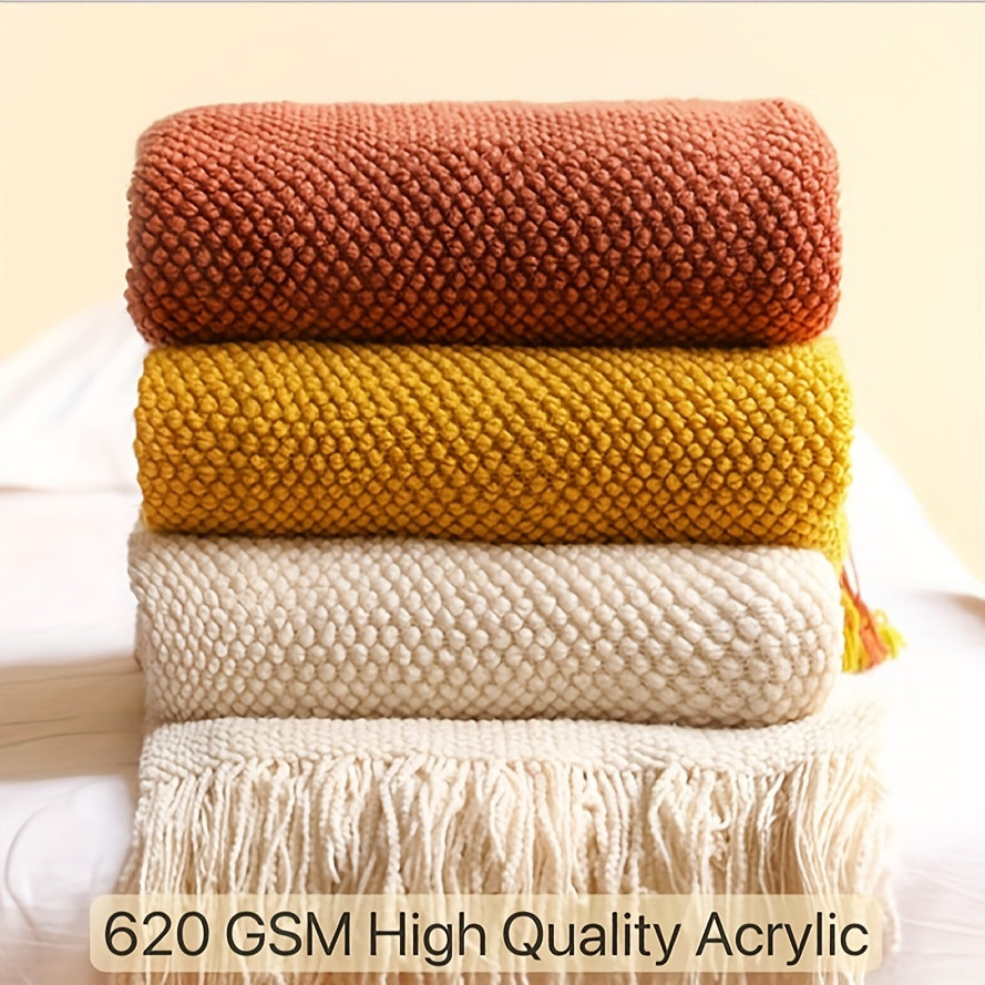 Knitted Throw Blanket with Tassels – Lightweight Bubble Texture Blanket for Sofa, Bed & Home Decor