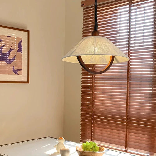 FabricWood - Adjustable Vintage Fabric and Wood Pendant Light for Living and Dining Rooms