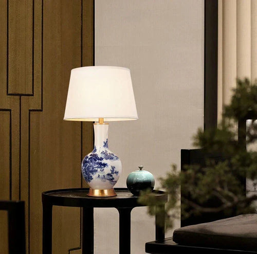 LumiChinois – Ceramic Table Lamp in Chinoiserie Style with Fabric Shade