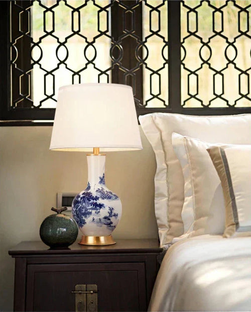 LumiChinois – Ceramic Table Lamp in Chinoiserie Style with Fabric Shade