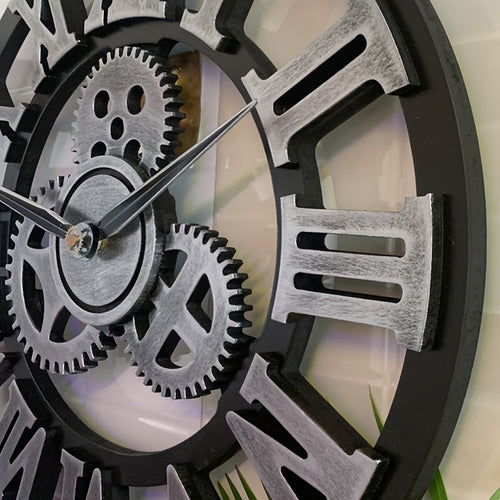 Oversized Silver Roman Gear Wall Clock – Silent Clock for Living Room, Office & Kitchen