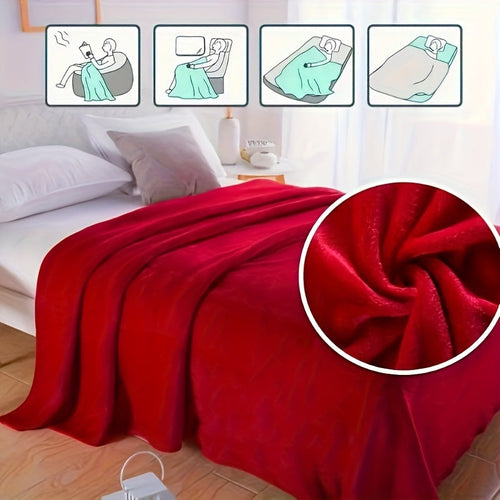 1pc Thick Red Flannel Blanket – Soft Warm Throw Blanket, Nap Blanket for Sofa, Office, Bed, Camping & Travel, Multi-Purpose All-Season Gift Blanket
