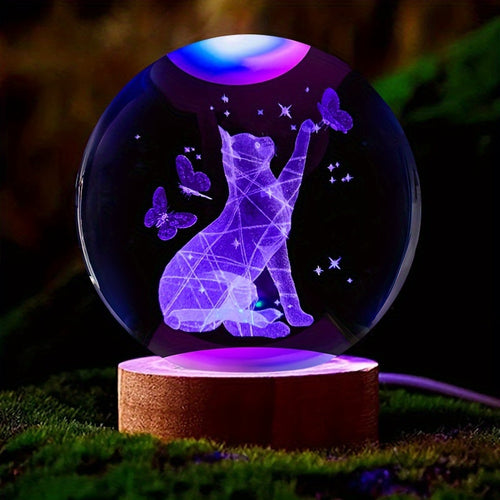 CrystalGlow - 3D Cat & Butterfly Crystal Ball Night Light with Wooden Base