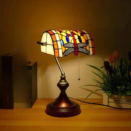TiffanyBanker - Hand-Cut White Banker Lamp with Butterfly Pattern