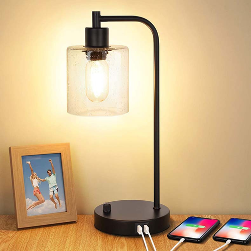 Industrial Bedside Lamp - 3-Way Dimmable with USB Nightstand Lamp and Glass Shade