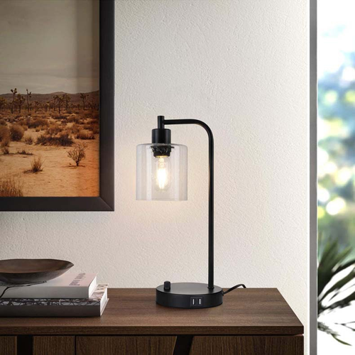 Industrial Bedside Lamp - 3-Way Dimmable with USB Nightstand Lamp and Glass Shade