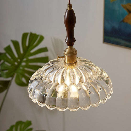 Modern Copper Pendant Light with Wooden Handle